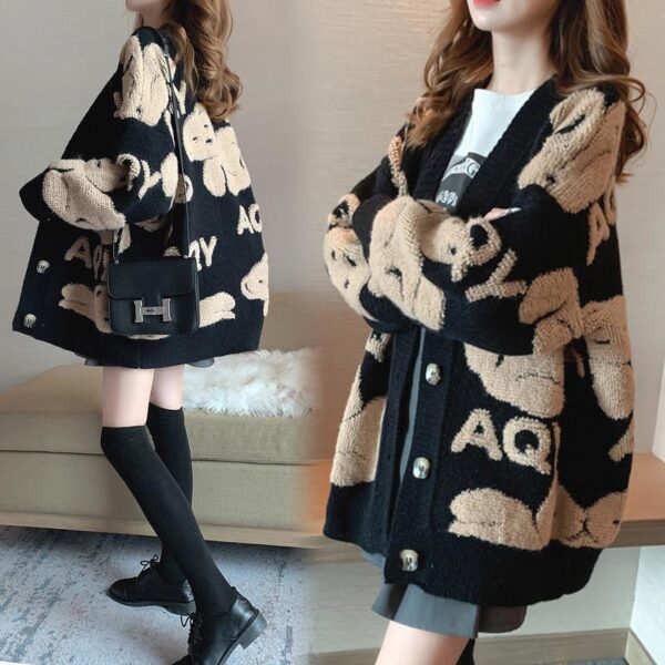 Áo Cardigan Len Nữ Dệt Kim Hình Cừu Trắng Màu Đen