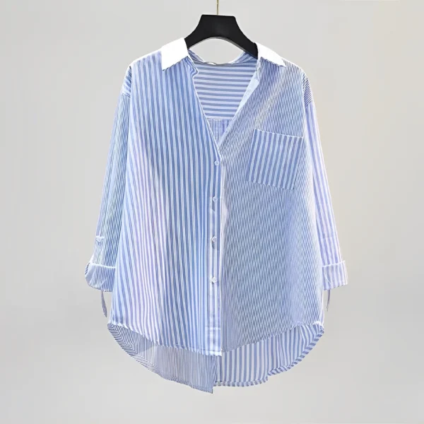Áo Sơ Mi Kẻ Sọc Xanh Dáng Rộng Dài Tay Style Hàn Quốc (hot Trend)