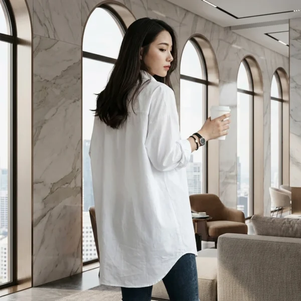 Áo Sơ Mi Trắng Dáng Dài Tay Phong Cách Thời Trang Pháp