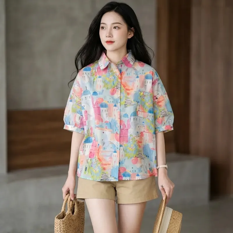 Áo Sơ Mi Cộc Tay Họa Tiết Cổ Búp Bê