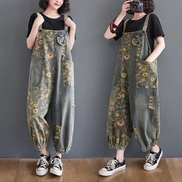 Quần Yếm Jean Hoa Hướng Dương Bo Gấu Dáng Rộng