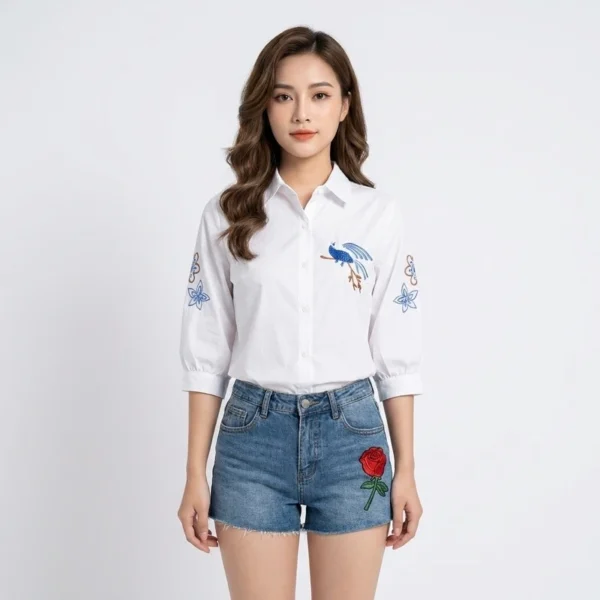 Sơ Mi Trắng Cộc Tay Thêu Hoạ Tiết Hoa (hot trend)