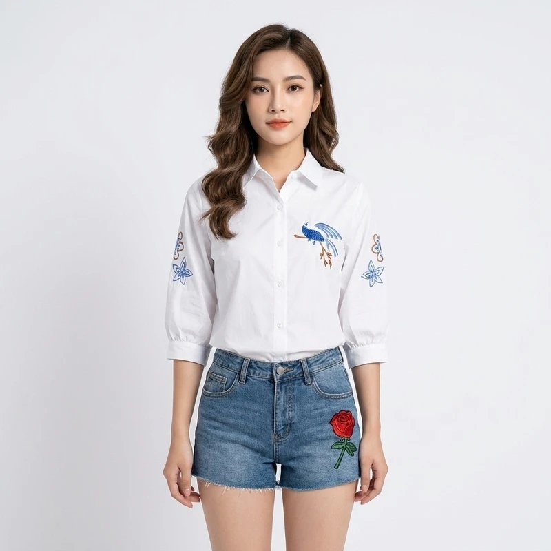 Sơ Mi Trắng Cộc Tay Thêu Hoạ Tiết Hoa (hot trend)