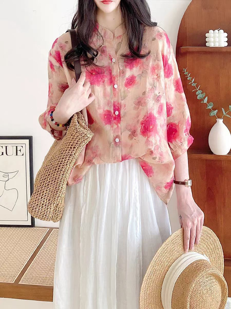 ÁO SƠ MI HỌA TIẾT HOA HỒNG NỒNG NÀN, VẢI Cây Gai Dầu