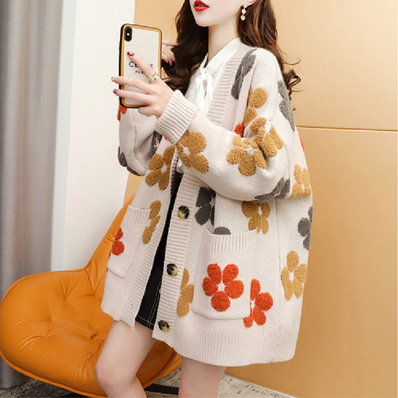 ÁO LEN CARDIGAN MÀU KEM HOẠ TIẾT HOA 5 CÁNH