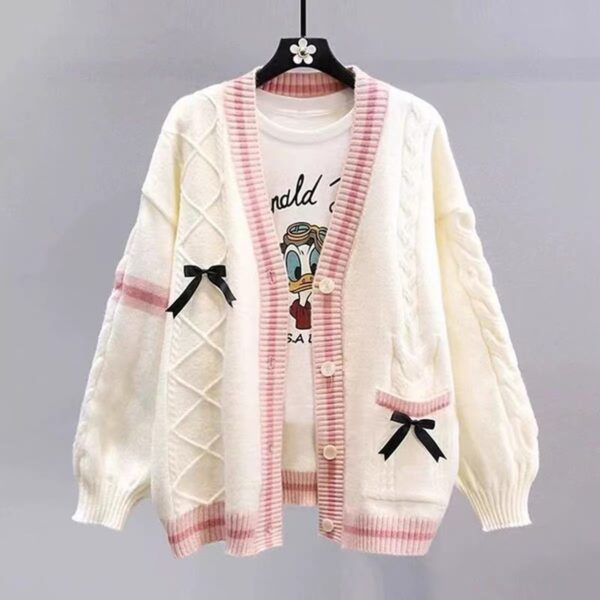 Áo Khoác Len Cardigan Viền Hồng Đính Nơ