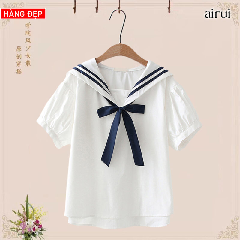ÁO SƠ MI COTTON CỘC TAY CỔ CHỮ V VIỀN NAVY