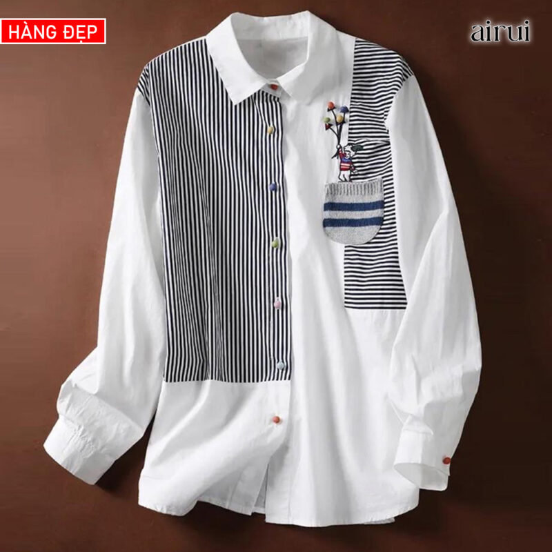 <lót Lông Mùa Thu Đông>áo Sơ Mi Cotton Dáng Dài Kẻ Túi Thêu