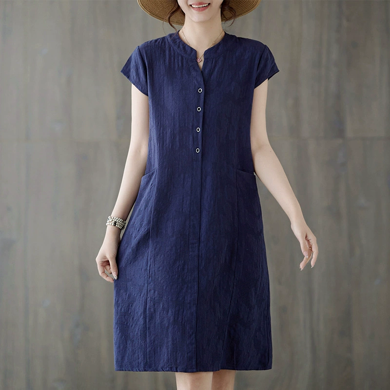 Váy Đầm Cổ Đứng Bằng Vải Cotton và Vải Lanh Jacquard Nghệ Thuật