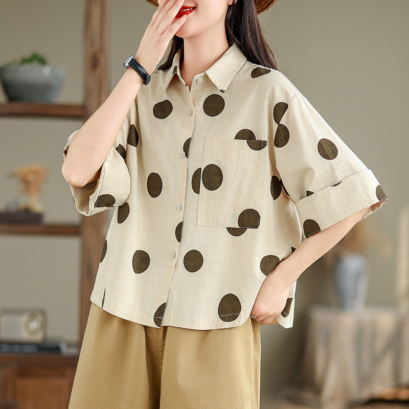 Áo Sơ Mi Cộc Tay Cotton Chấm Bi Rộng Rãi Phong Cách Nhật Bản