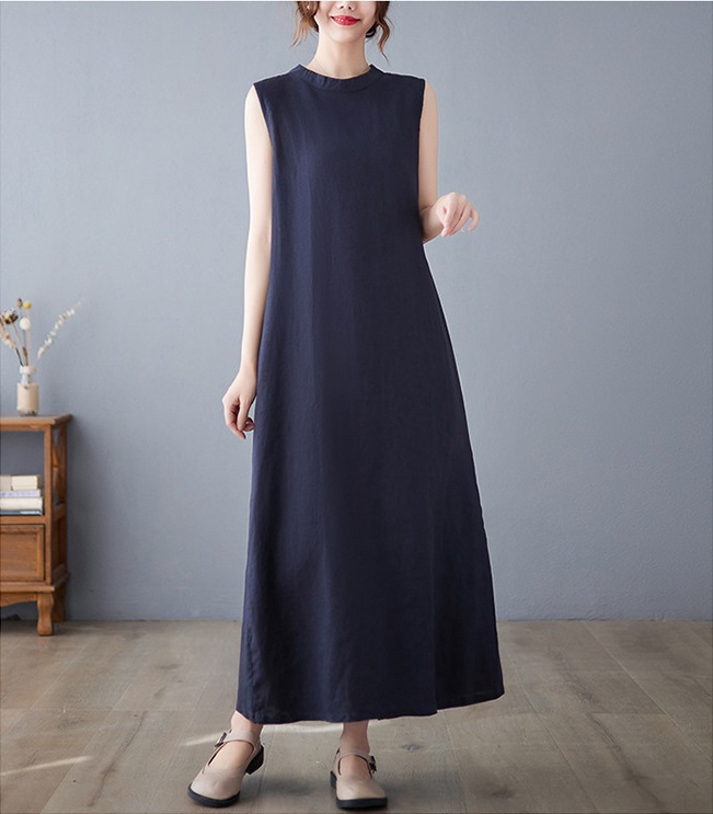 Váy Đầm Cổ Tròn Vải Cotton Lanh