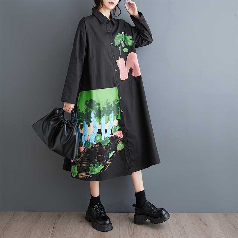 Váy Đầm Dài Tay Cổ Đức Họa Tiết Phong Cảnh Đồng Quê