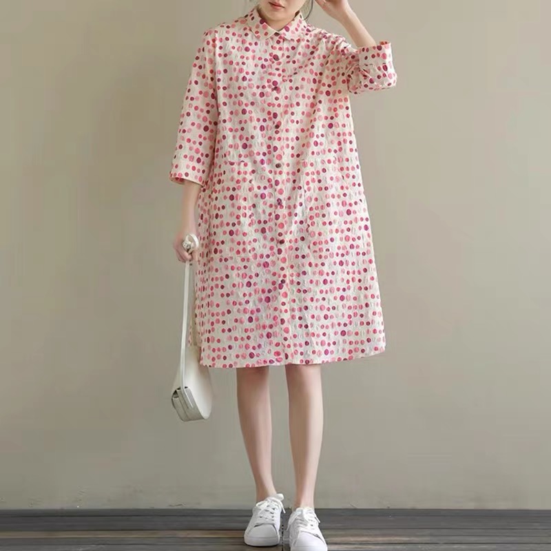 Váy sơ mi chấm bi thắt nơ hồng dễ thương