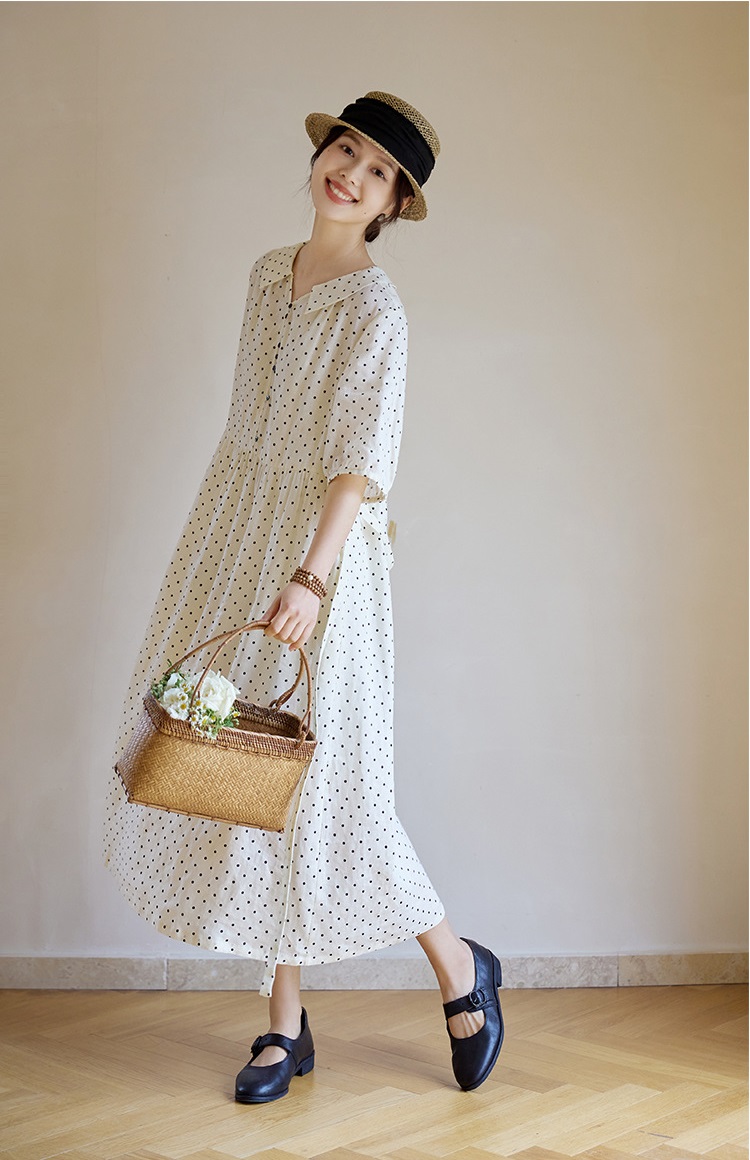 Váy Linen Retro Họa Tiết Chấm Bi