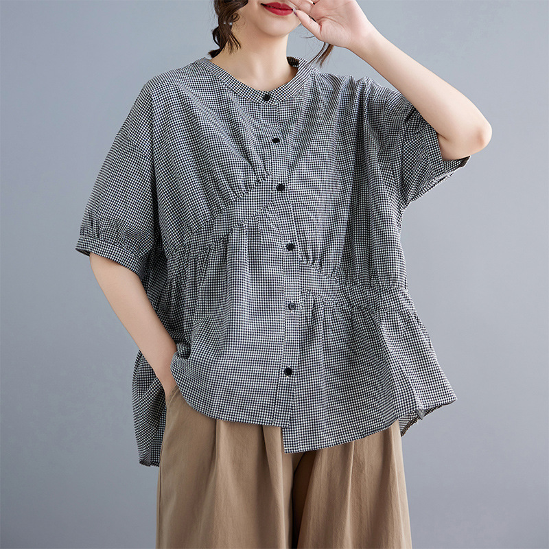 Áo Sơ Mi Caro Đen Eo Chéo Lệch Bất Đối Xứng