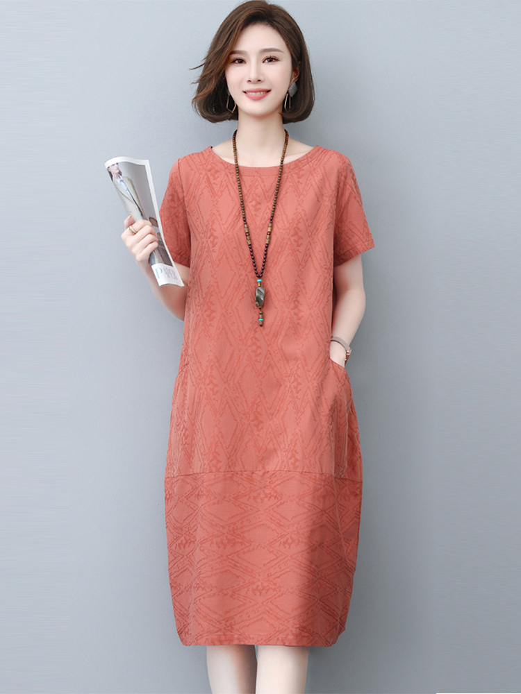 Váy Đầm Màu Cam Vải Cotton Lanh Jacquard Dân Gian