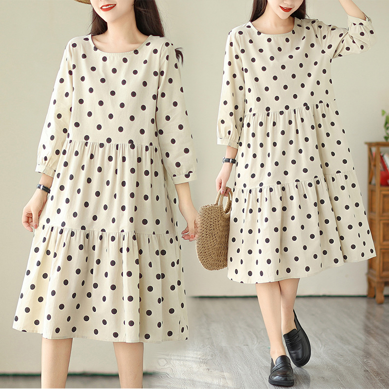 Váy Đầm Be Chấm Bi Eo Xếp Ly 2 Tầng