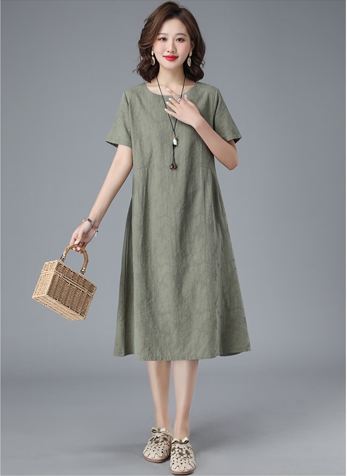 Váy Đầm Xanh Rêu Nhạt Vải Cotton Lanh Jacquard Kiểu Pháp