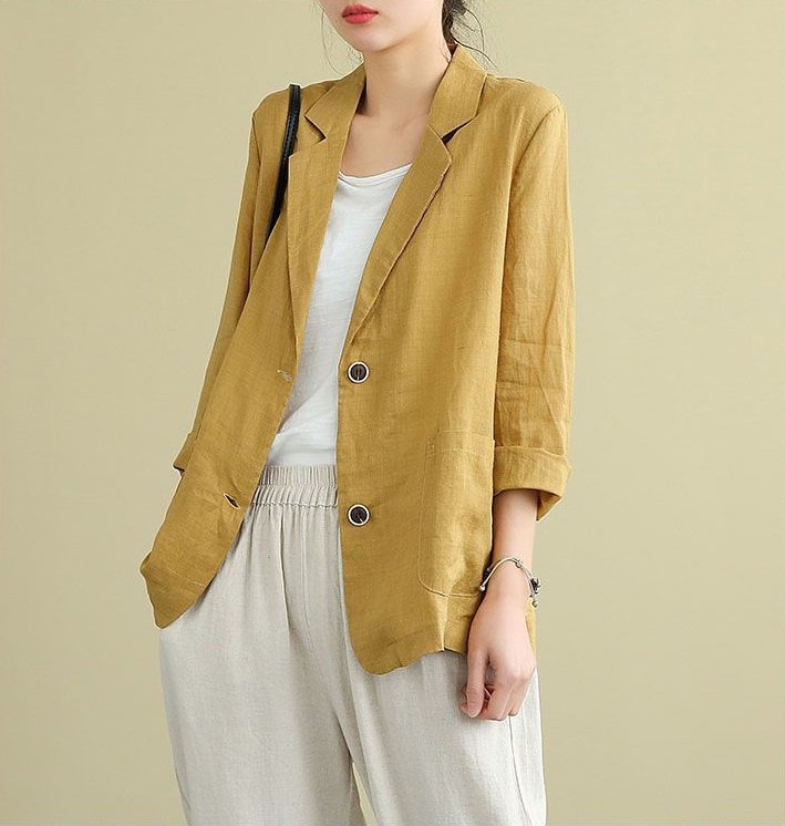 Áo Vest Nữ Màu Vàng Vải Linen Mỏng Mùa Hè