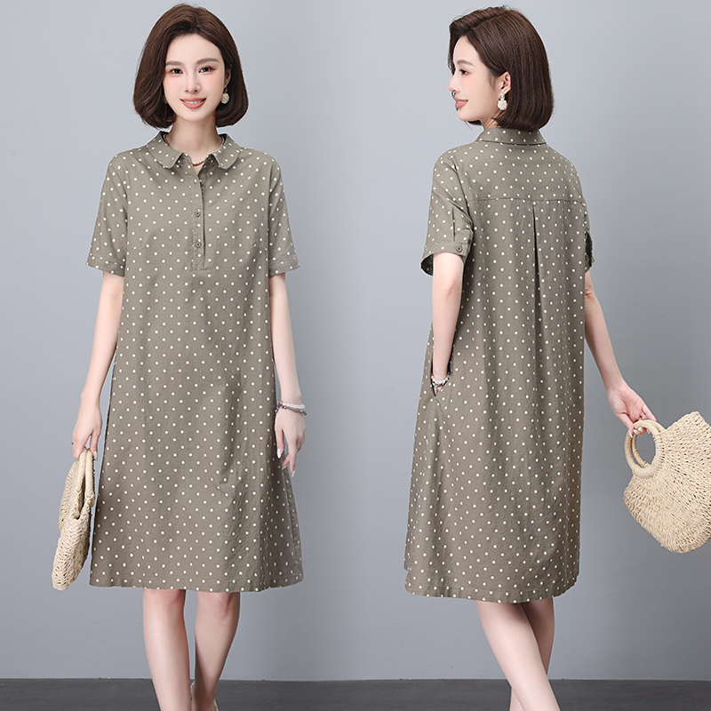 Váy Suông Chấm Bi Cổ Sơ Mi Màu Khaki