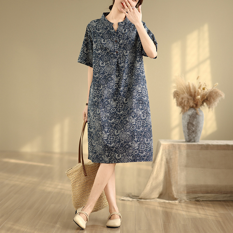 Váy Đầm Họa Tiết Trừu Tượng Thanh Lịch Màu Xanh Lam