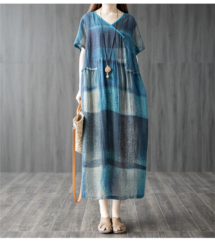 Váy Đầm Kẻ Caro Vải Lanh Cotton Tay Ngắn Màu Xanh