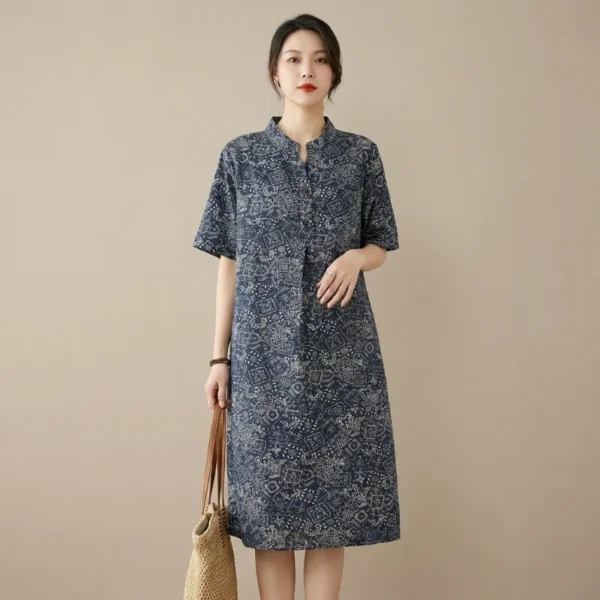 Váy Đầm Họa Tiết Trừu Tượng Thanh Lịch Màu Xanh Lam