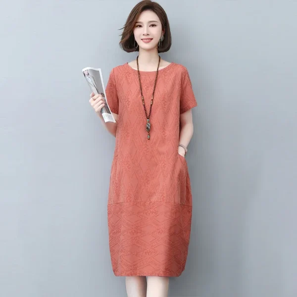 Váy Đầm Màu Cam Vải Cotton Lanh Jacquard Dân Gian