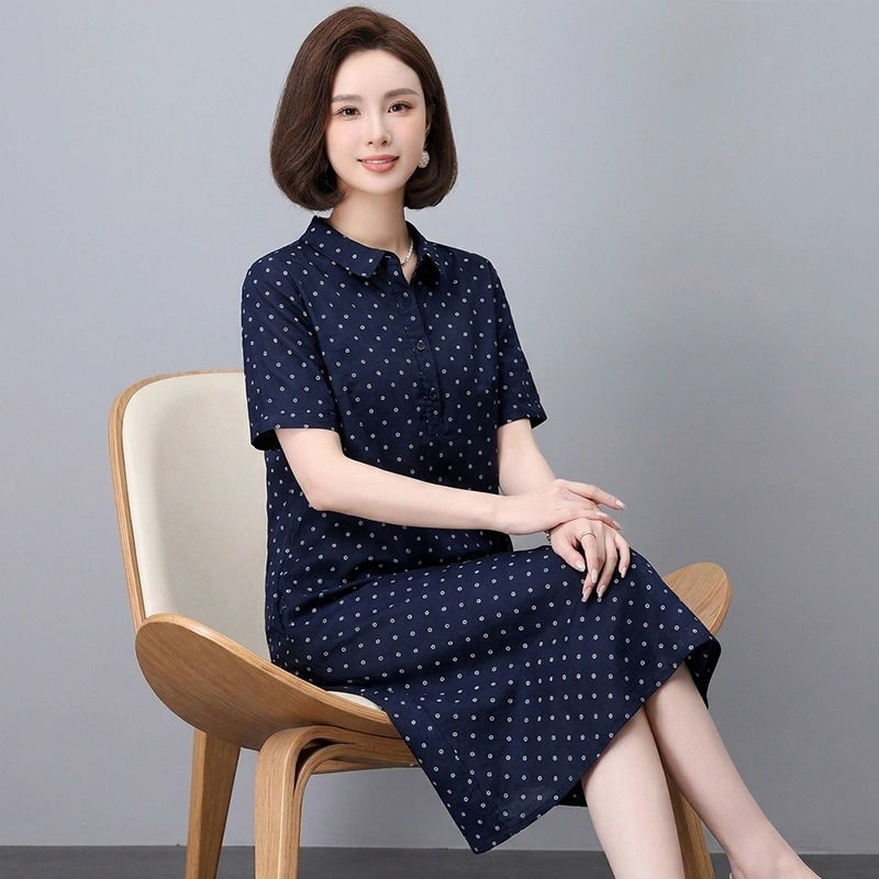 Váy Suông Chấm Bi Cổ Sơ Mi Màu Navy Váy Suông Chấm Bi Cổ Sơ Mi Màu Navy