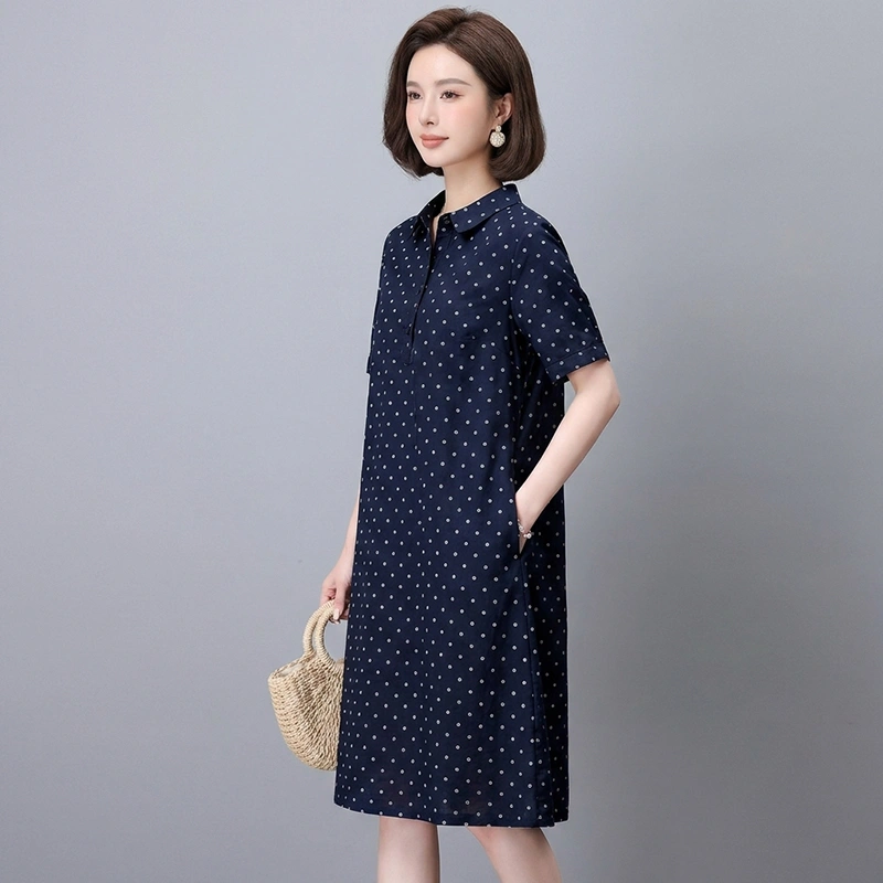 Váy Suông Chấm Bi Cổ Sơ Mi Màu Navy Váy Suông Chấm Bi Cổ Sơ Mi Màu Navy