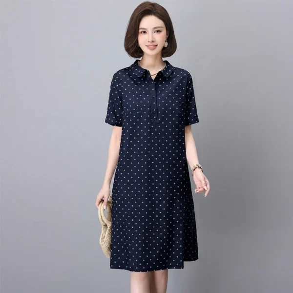 Váy Suông Chấm Bi Cổ Sơ Mi Màu Navy