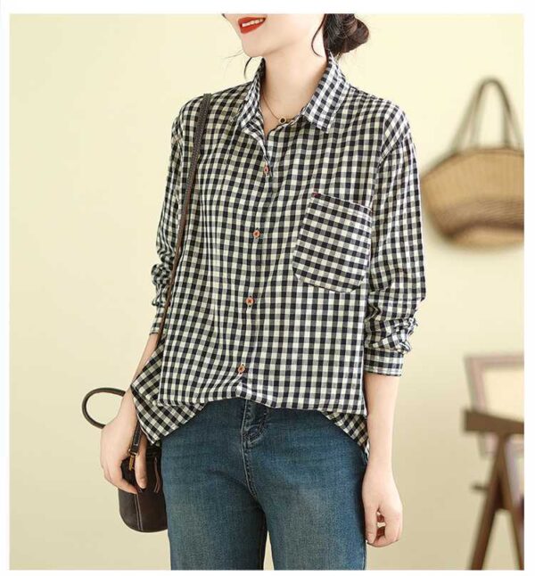 Áo Sơ Mi Caro Đen Vải Lanh Cotton