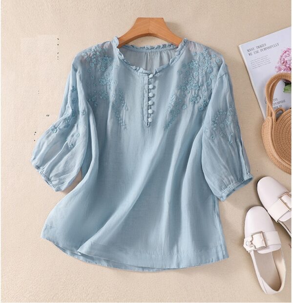 Áo Sơ Mi Cộc Tay Thêu Hoa Vải Linen Màu Xanh