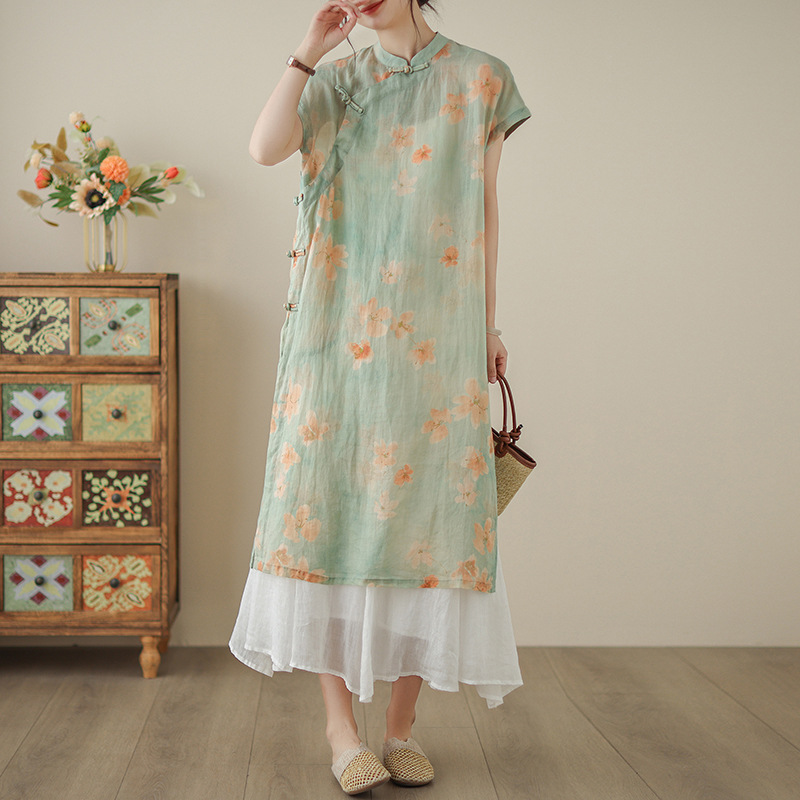 Váy Đầm Liền Thân Họa Tiết Hoa Vải Pha Linen Xẻ Tà