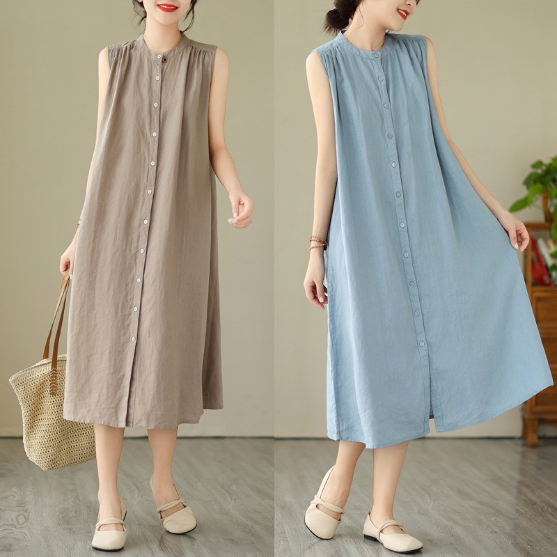 Váy Không Tay Cotton Lanh Kiểu Pháp Khuy Cài Trước