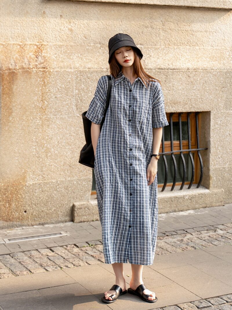 Váy Sơ Mi Caro Form Rộng  Cổ Đức Thanh Lịch