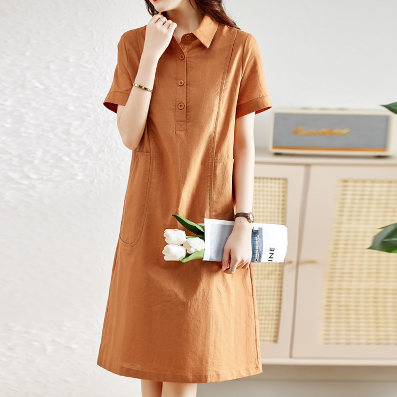 Váy Sơ Mi Chữ A Cotton & Lanh Màu Cam