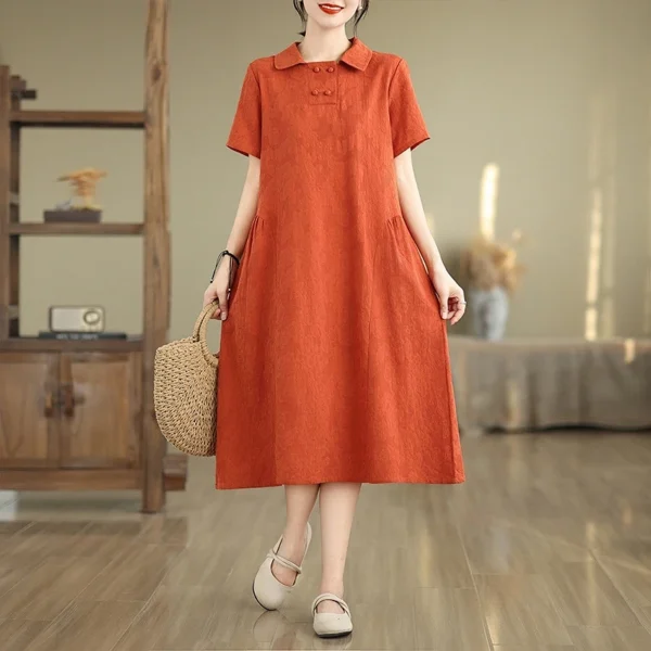 Váy Suông Cổ Sơ Mi Tay Ngắn Cam Đất