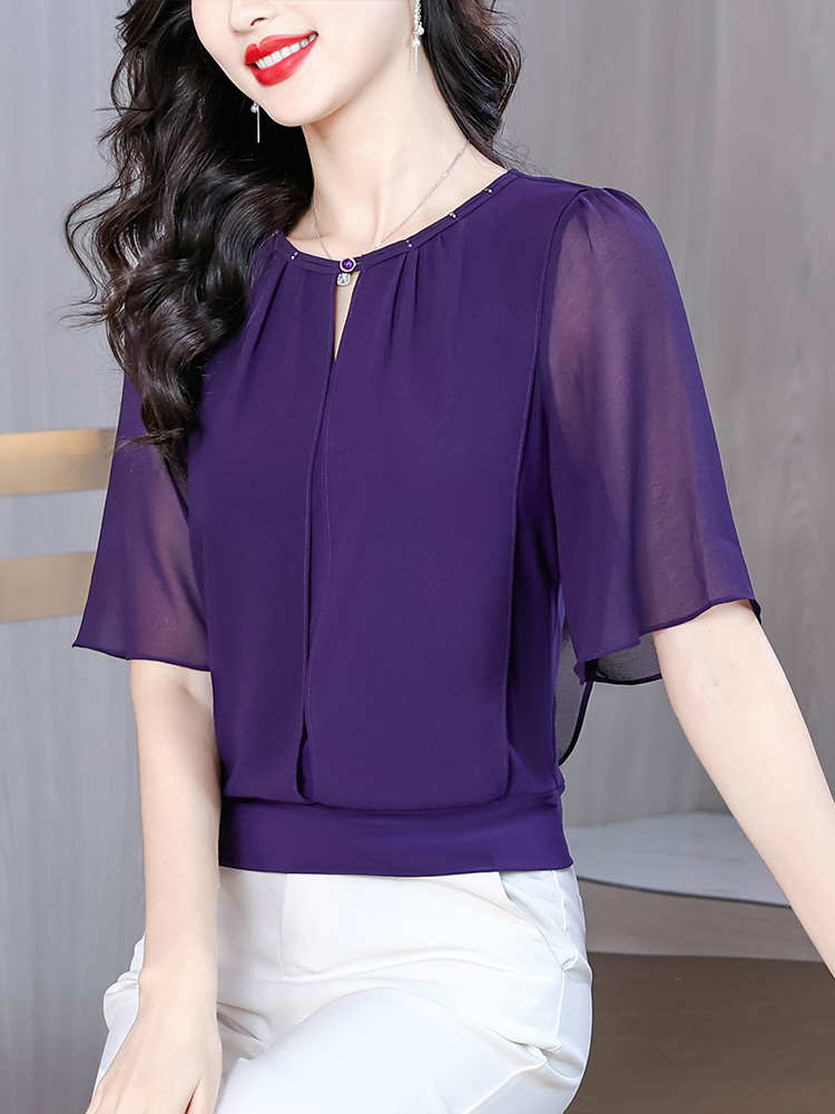 Áo Sơ Mi Cộc Tay Cổ Tròn Màu Tím Kiểu Pháp
