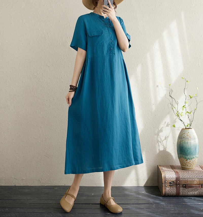 Đầm Ngắn Tay Cổ Cài Khuy Kiểu Màu Xanh Công