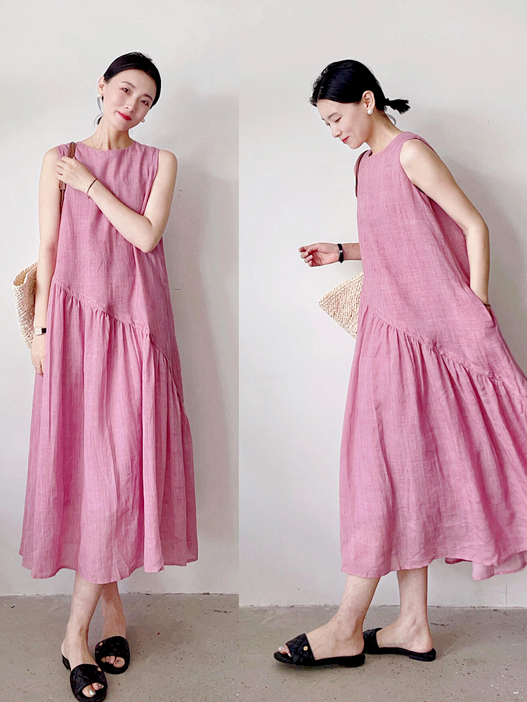 Váy Đầm Liền Thân (2 lớp) Vạt Chéo Ngan Màu Hồng Sen – Không Tay