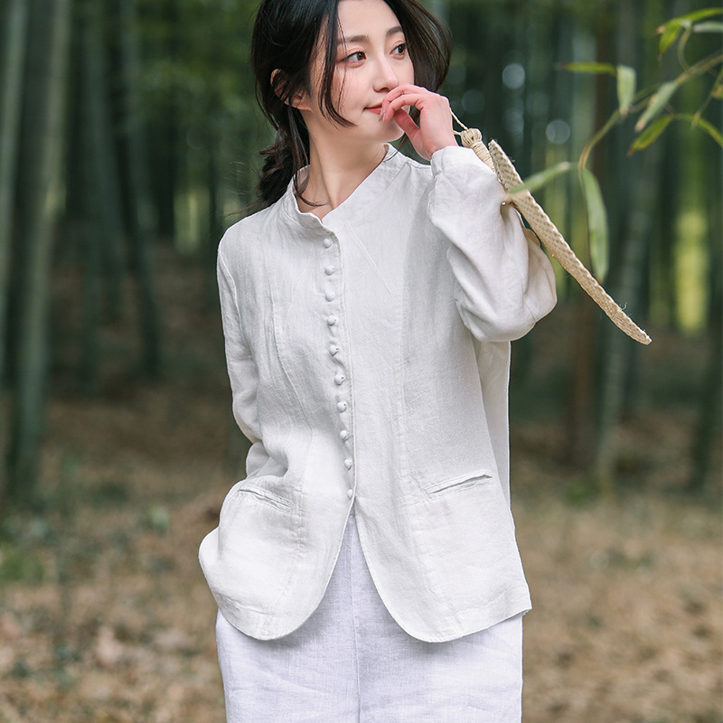 Áo Sơ Mi Trắng 2 Túi Cổ Trụ Khuy Tròn