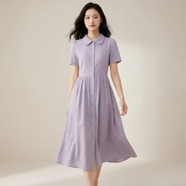 Váy Đầm Sơ Mi Cổ Sen Eo Ôm Màu Tím Nhạt