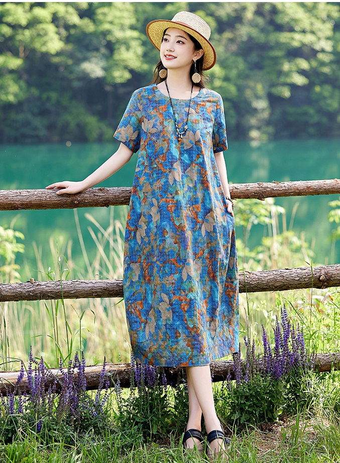 Váy Dáng Suông Họa Tiết Cổ Điển Vải Lanh Cotton