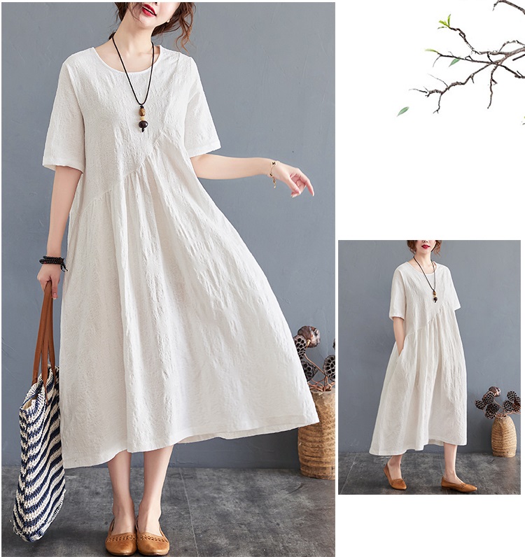 Váy Trắng Dáng Rộng Vải Jacquard – Thiết Kế Che Dáng, Mặc Cực Mát