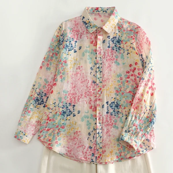Áo Sơ Mi Dài Tay Họa Tiết Dải Hoa Màu Vải Cotton Lanh