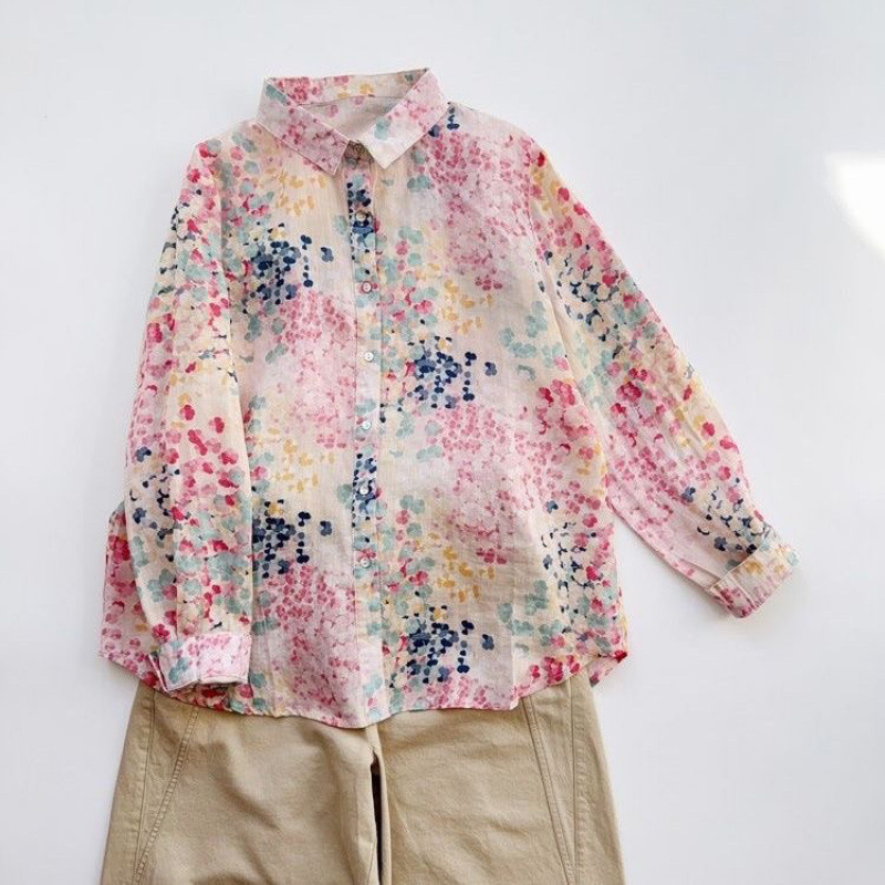 Áo Sơ Mi Dài Tay Họa Tiết Dải Hoa Màu Vải Cotton Lanh
