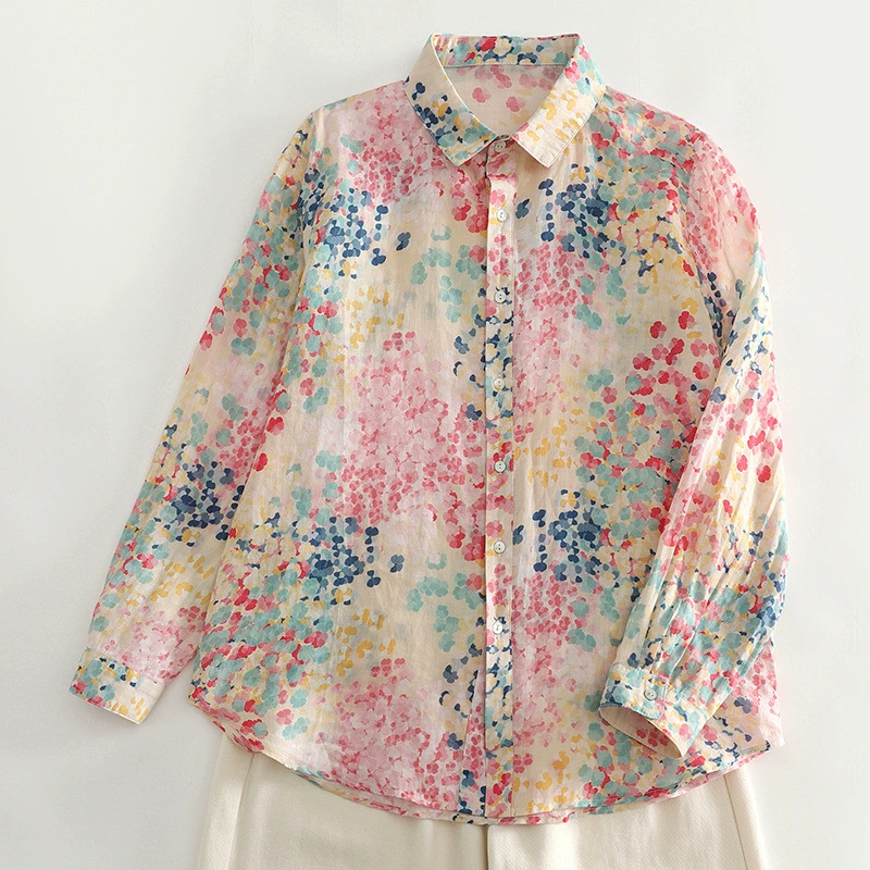 Áo Sơ Mi Dài Tay Họa Tiết Dải Hoa Màu Vải Cotton Lanh