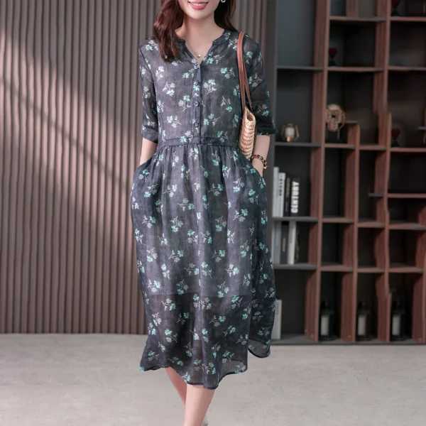 Váy Hoa Màu Xanh Lam Cổ Chữ V Phong Cách Pháp