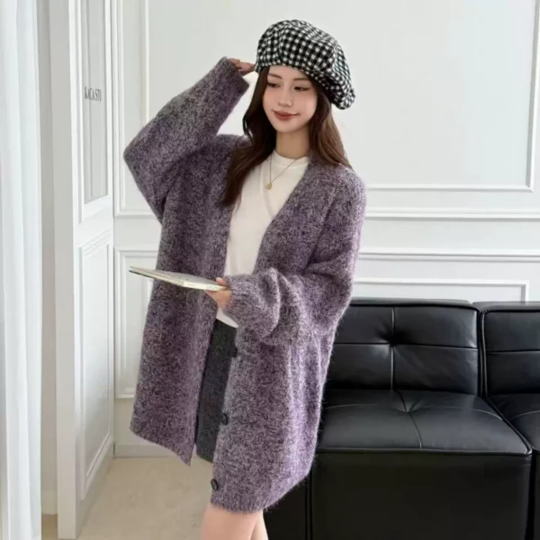Áo Khoác Len Cardian Tím Phong Cách Hàn Quốc